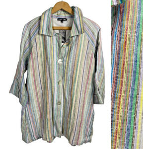 Boho Chic 100% Linen Jacket Size S Rainbow Stripe Lagenlook Button Down NEW